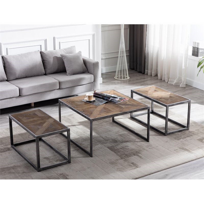 Connexion Decor Ardham Wood & Metal Coffee Table Set in Natural/Distressed Gray