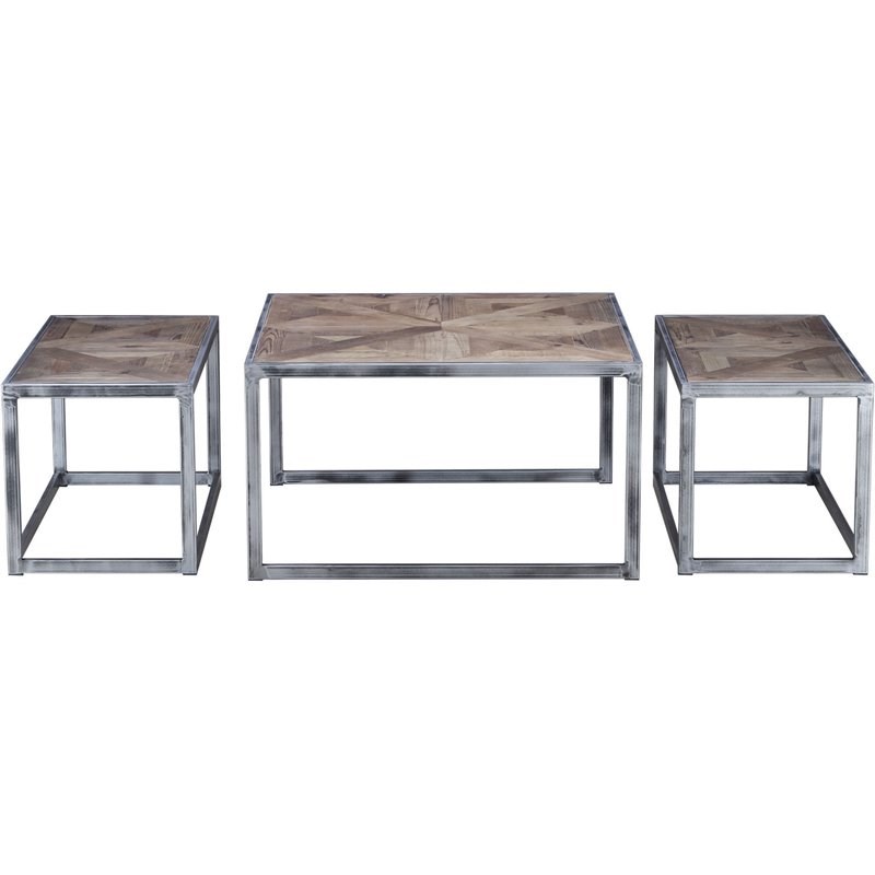 Connexion Decor Ardham Wood & Metal Coffee Table Set in Natural/Distressed Gray