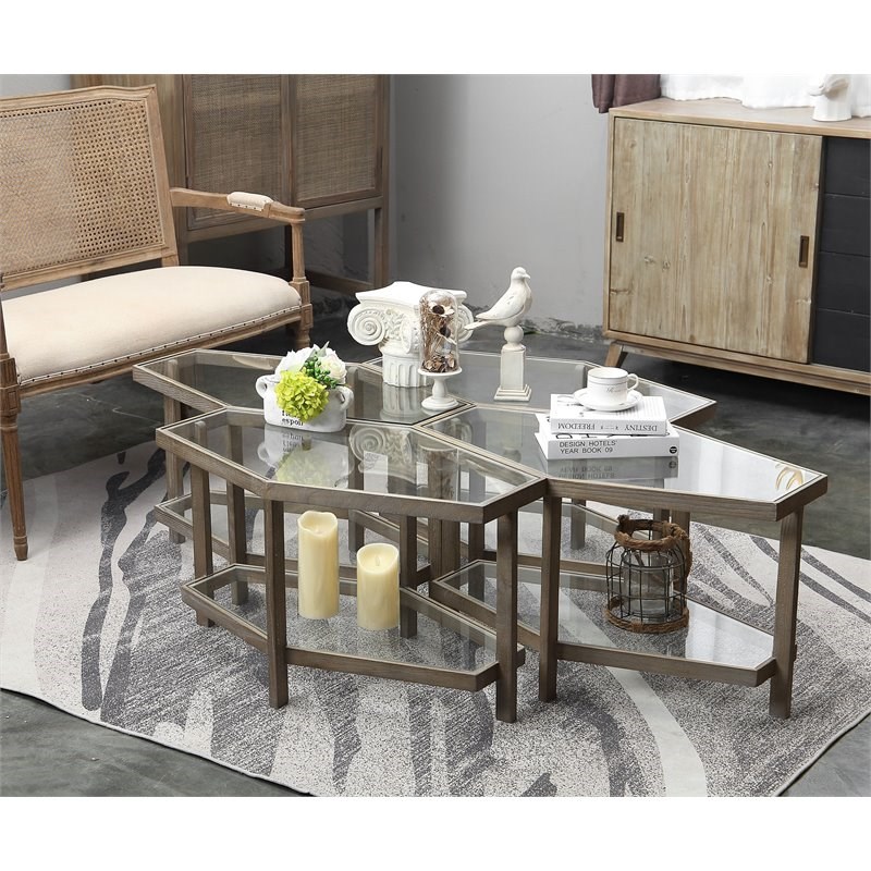 Connexion Decor Iredale Elm Wood Coffee Table with Tempered Glass in Gray Wash