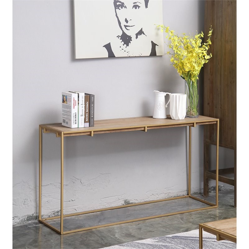 Connexion Decor Portam Reclaimed Elm and Metal Console Table in Natural/Brass