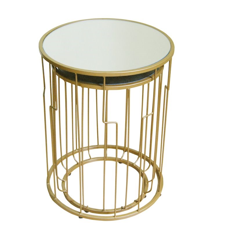 HomePop Modern Metal Accent Table with Round Mirror Top in Gold (Set of