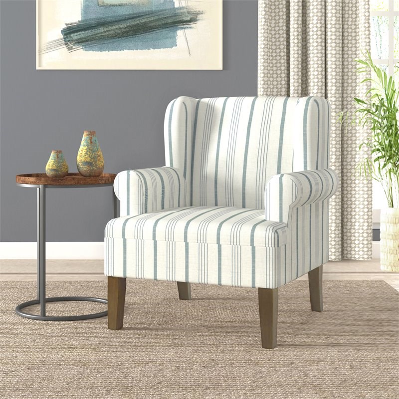 HomePop Emerson Wood & Fabric Stripe Pattern Accent Arm Chair in Teal Blue
