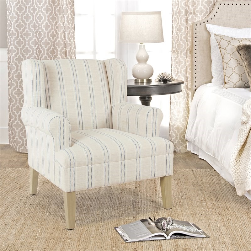 HomePop Emerson Wood & Fabric Stripe Pattern Wingback Accent Chair in White/Blue