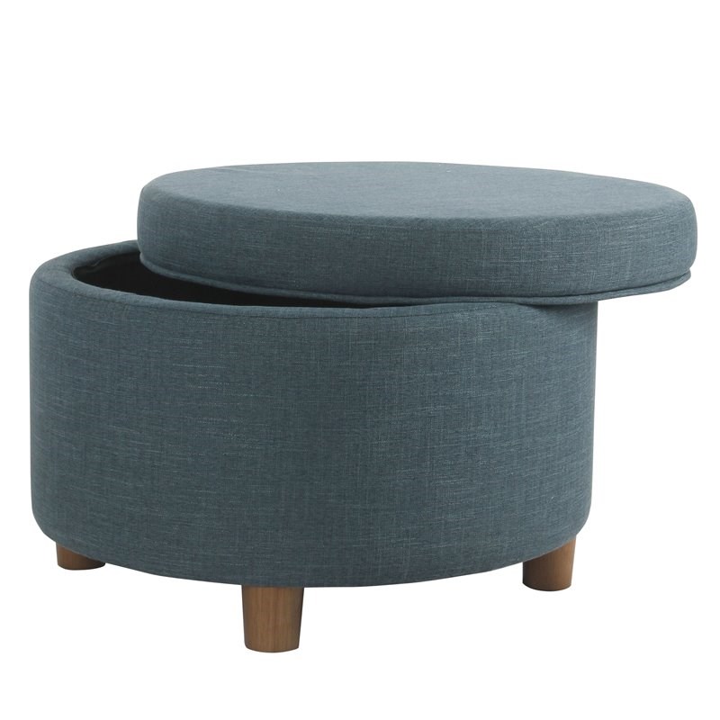 HomePop Round Transitional Wood and Fabric Storage Ottoman in Teal Blue