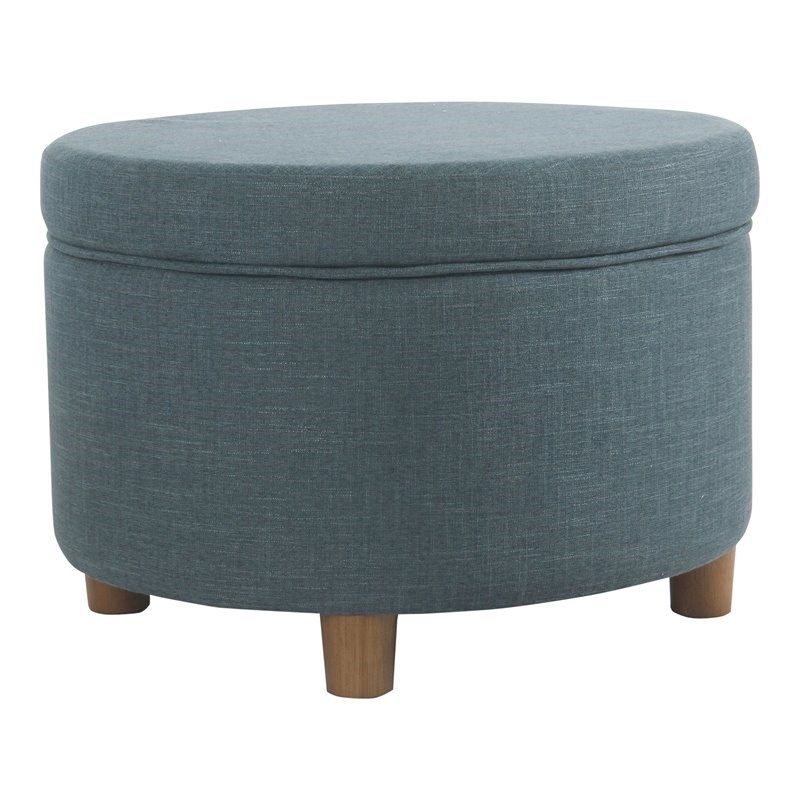 HomePop Round Transitional Wood and Fabric Storage Ottoman in Teal Blue