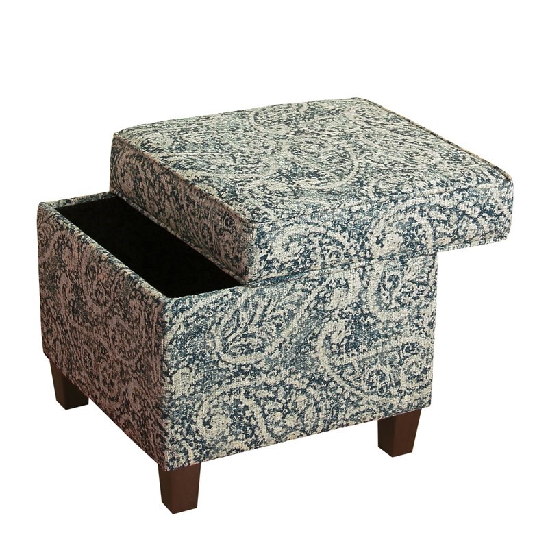 HomePop Cole Square Transitional Wood and Fabric Storage Ottoman in Blue