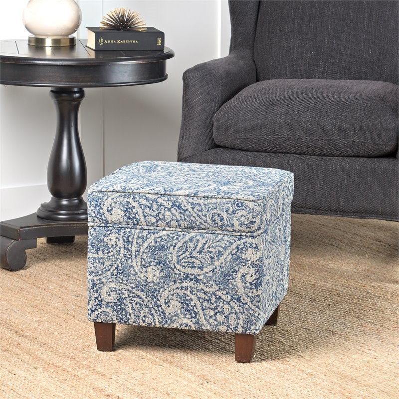 HomePop Cole Square Transitional Wood and Fabric Storage Ottoman in Blue