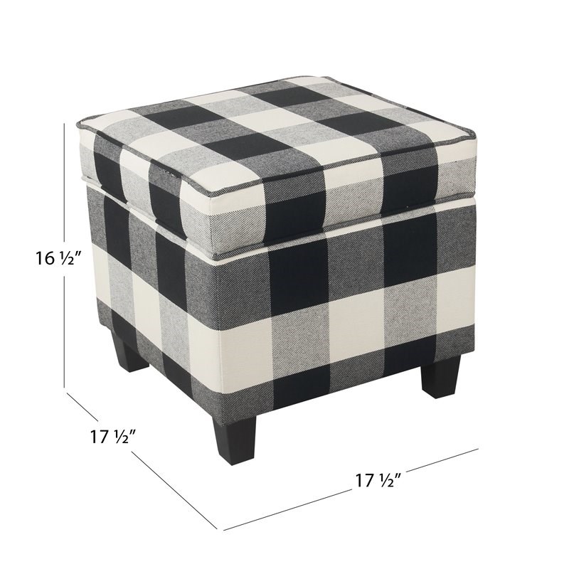 HomePop Square Wood and Cotton Plaid Pattern Ottoman with Lift Off Lid in Black