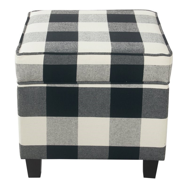 HomePop Square Wood and Cotton Plaid Pattern Ottoman with Lift Off Lid in Black