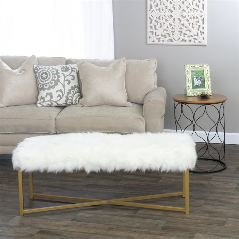 HomePop Rectangle Transitional Wood and Faux Fur Bench in White
