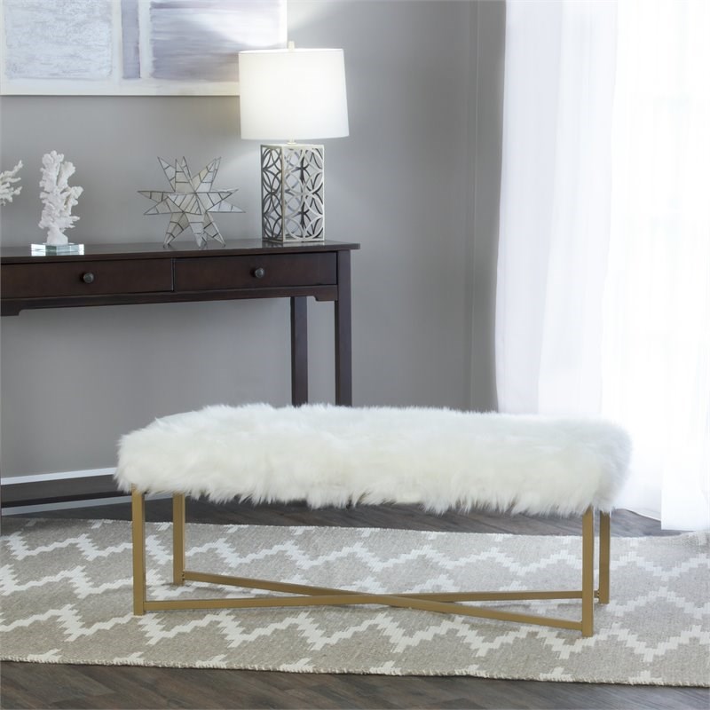HomePop Rectangle Transitional Wood and Faux Fur Bench in White