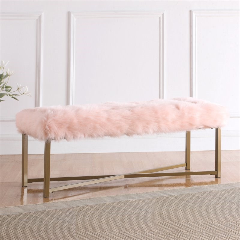 HomePop Rectangle Transitional Wood and Faux Fur Bench in Pink