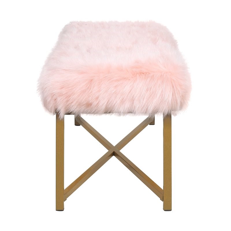 HomePop Rectangle Transitional Wood and Faux Fur Bench in Pink