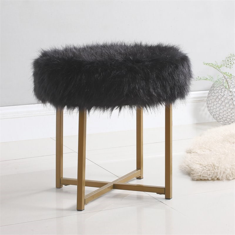 HomePop Round Modern Wood and Faux Fur Ottoman in Black and Gold