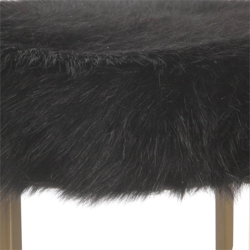 HomePop Round Modern Wood and Faux Fur Ottoman in Black and Gold