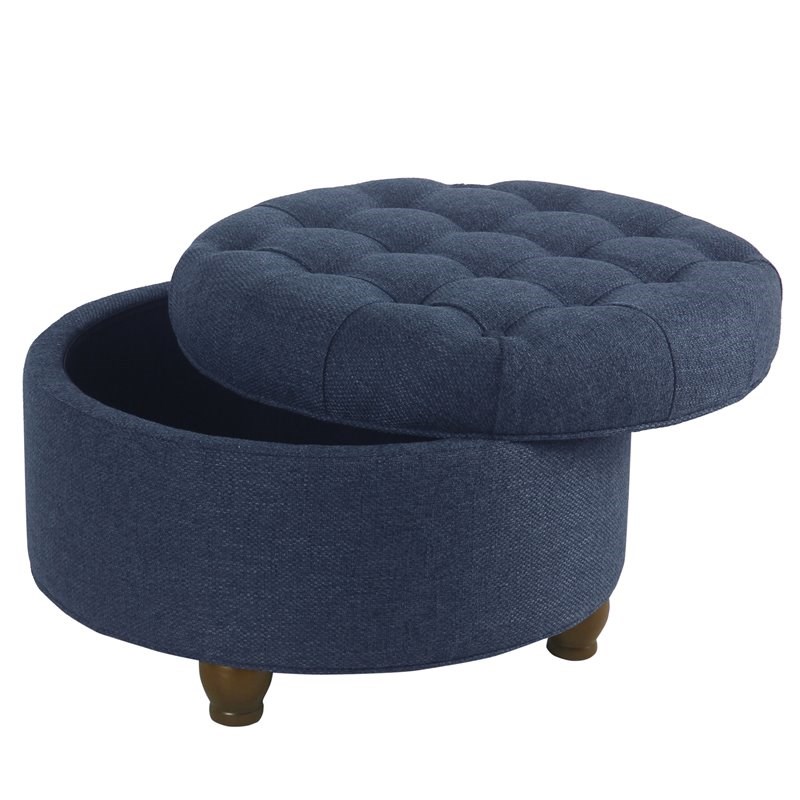 HomePop Round Traditional Wood and Fabric Large Storage Ottoman in Navy Blue
