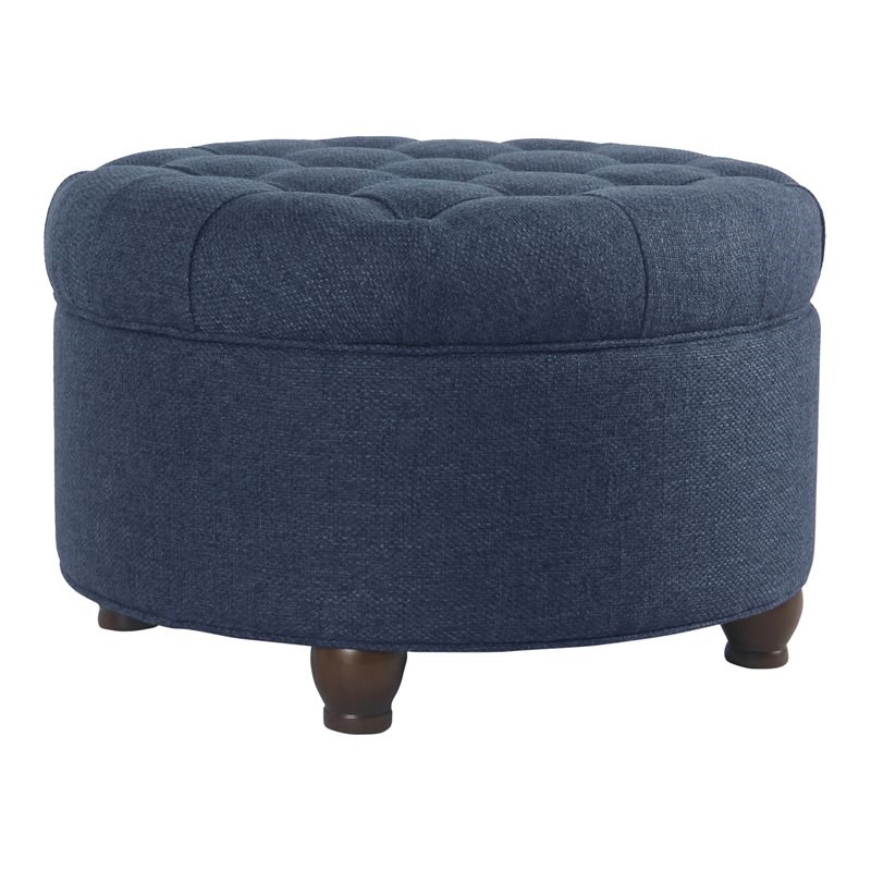 HomePop Round Traditional Wood and Fabric Large Storage Ottoman in Navy Blue