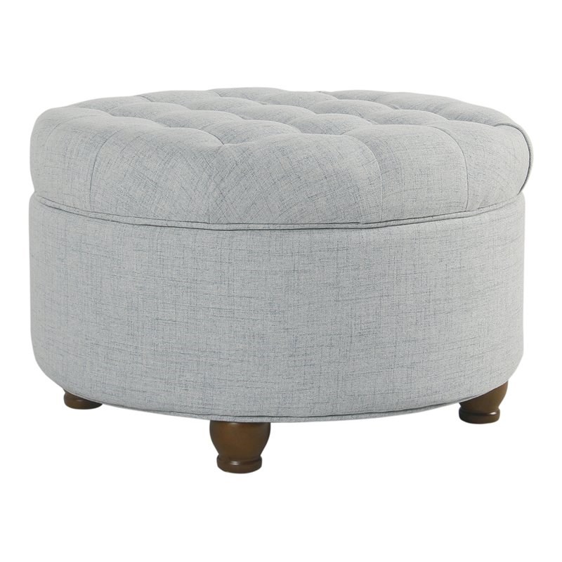 HomePop Round Traditional Wood and Fabric Large Storage Ottoman in Blue