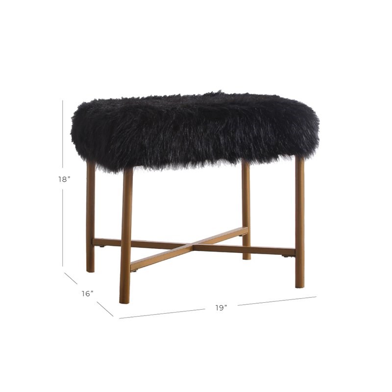 HomePop Square Modern Wood and Faux Fur Ottoman in Black and Gold