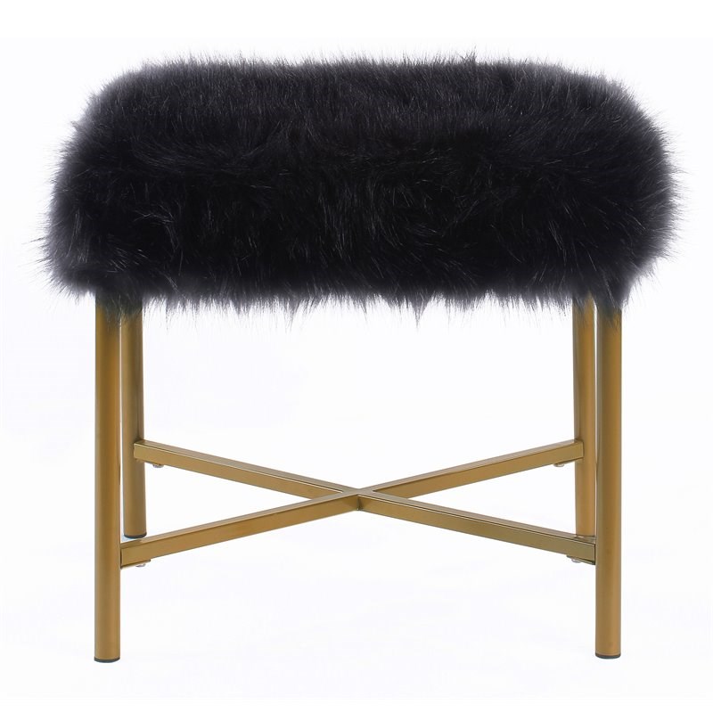 HomePop Square Modern Wood and Faux Fur Ottoman in Black and Gold