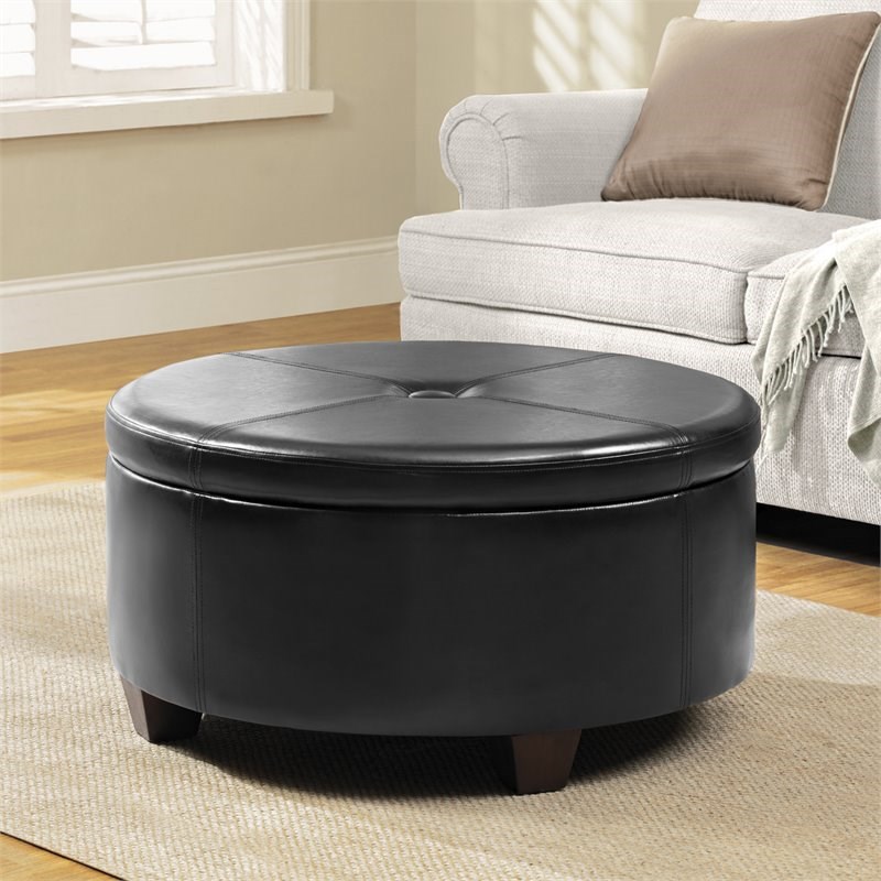 HomePop Winston Faux Leather Button-top Large Storage Ottoman in Black