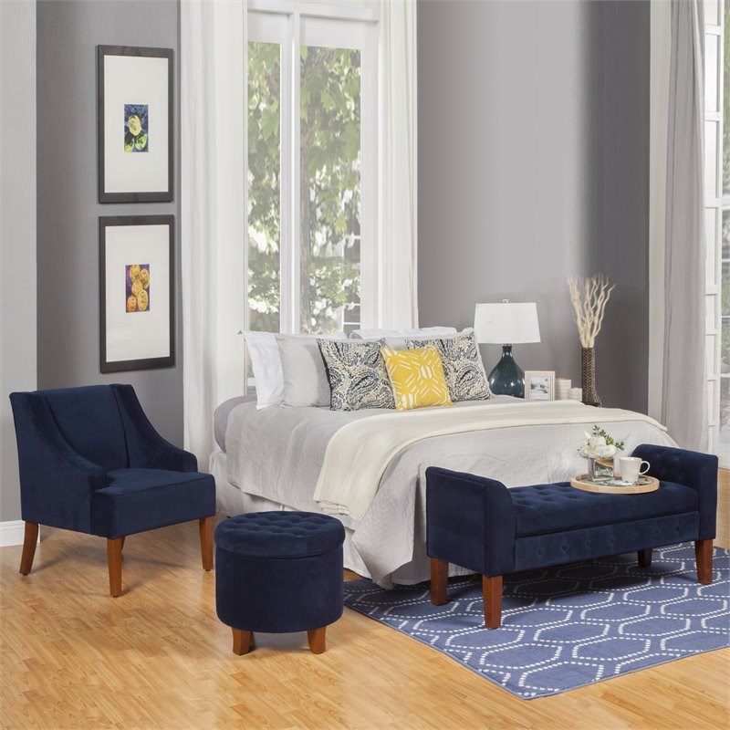 HomePop Traditional Velvet Fabric Storage Bench and Settee in Blue
