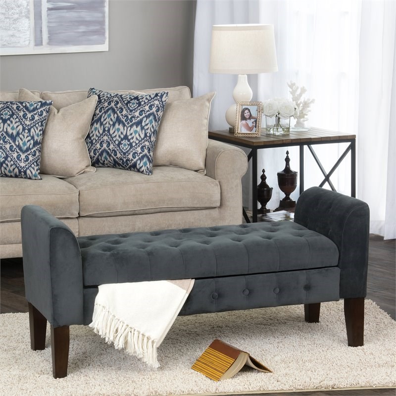 HomePop Traditional Velvet Fabric Storage Bench and Settee in Gray