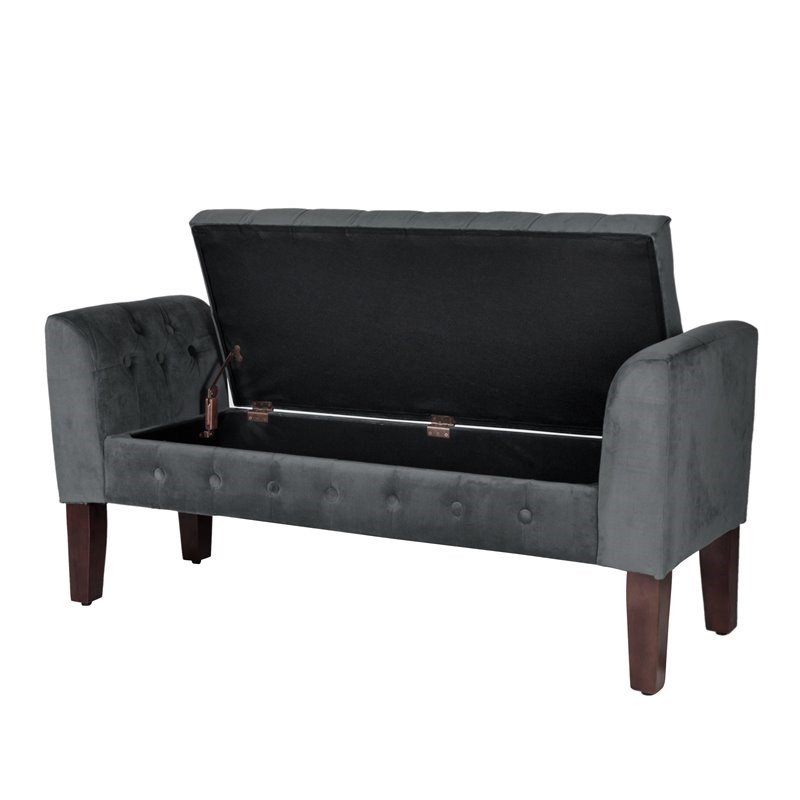 HomePop Traditional Velvet Fabric Storage Bench and Settee in Gray