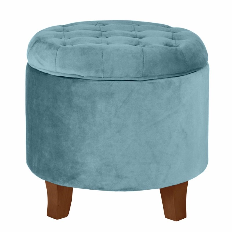 HomePop Round Transitional Wood and Velvet Ottoman with Storage in Blue