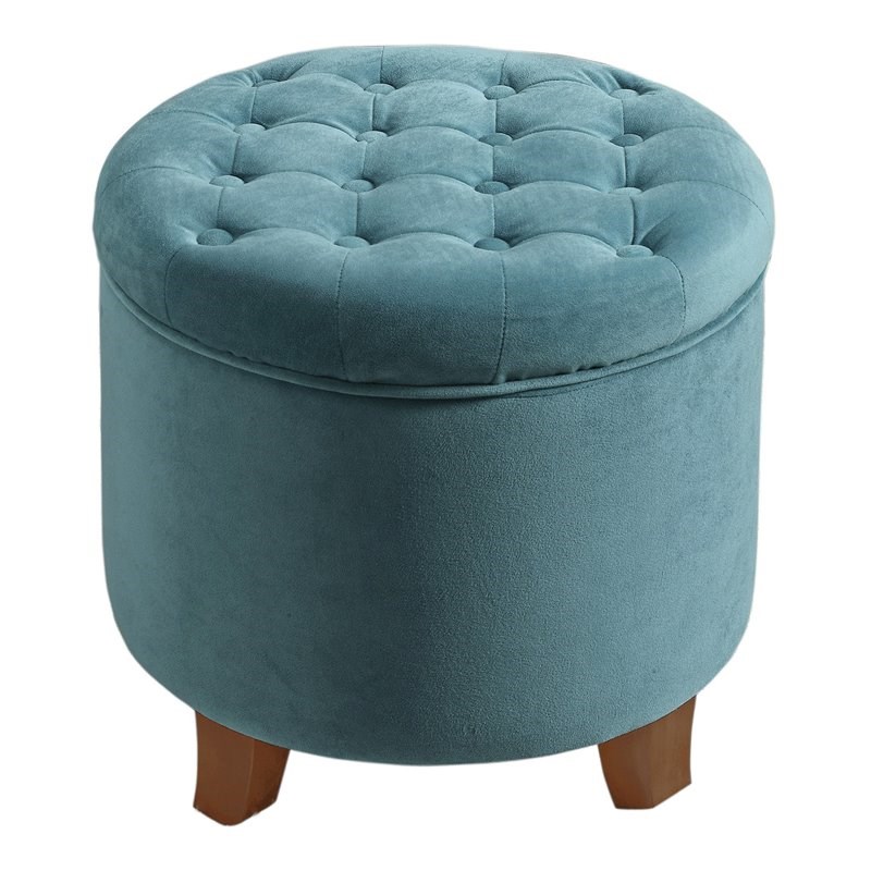HomePop Round Transitional Wood and Velvet Ottoman with Storage in Blue