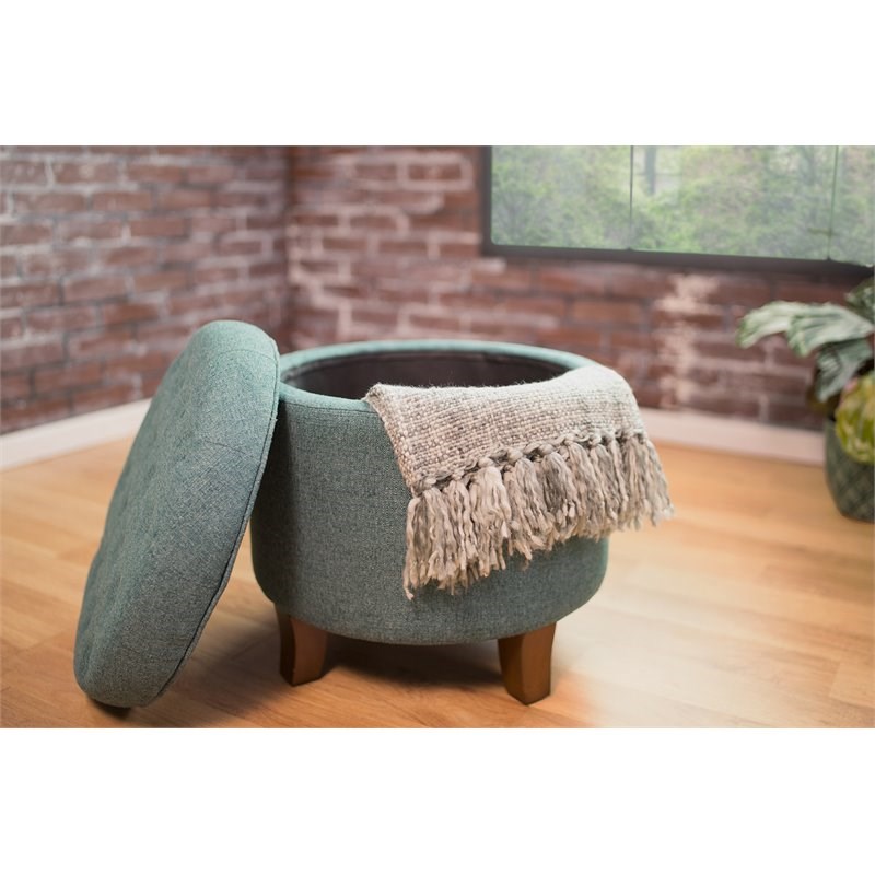 HomePop Boho Transitional Wood and Fabric Storage Ottoman in Teal Blue
