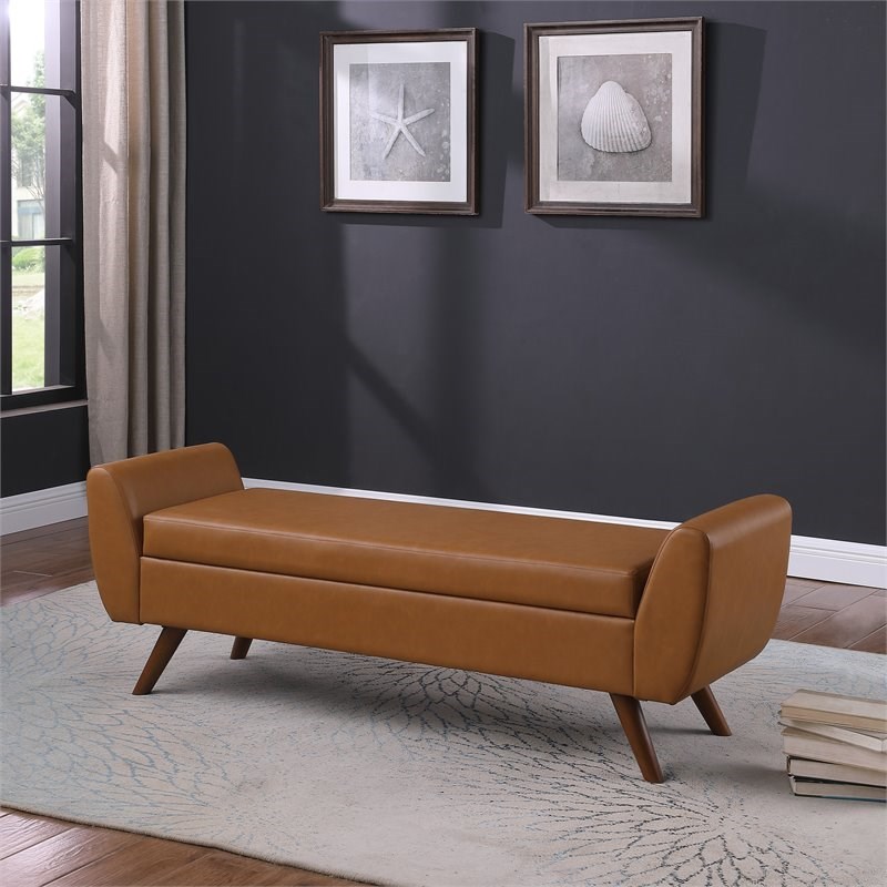 HomePop Modern Vegan Faux Leather Storage Bench with Wood Legs in Brown
