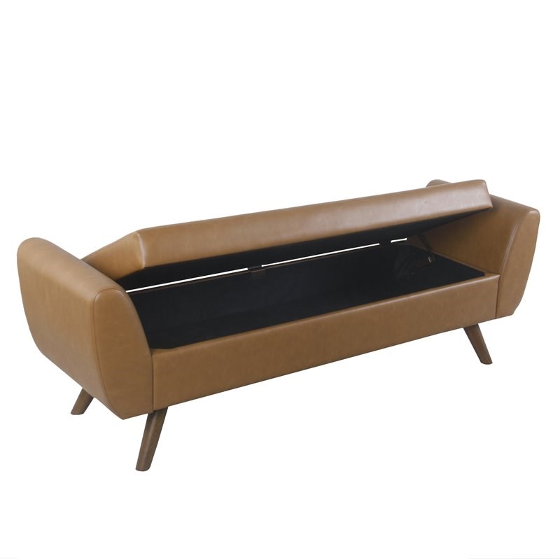 HomePop Modern Vegan Faux Leather Storage Bench with Wood Legs in Brown