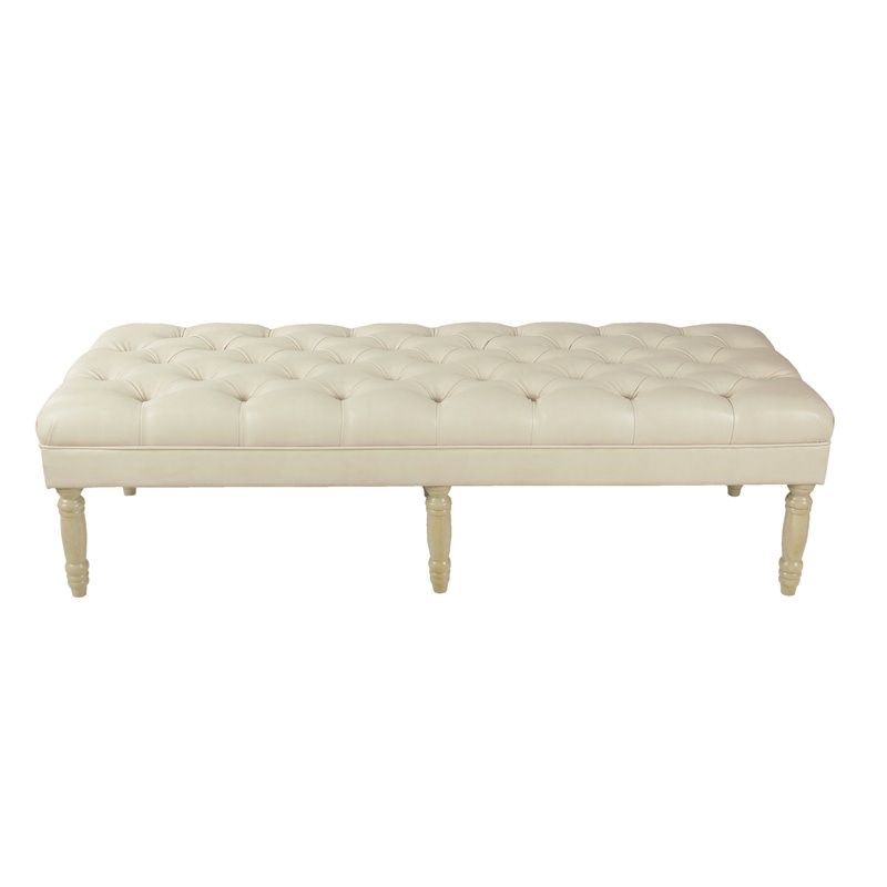 HomePop Classic Tufted Traditional Wood & Vegan Faux Leather Long Bench in Ivory