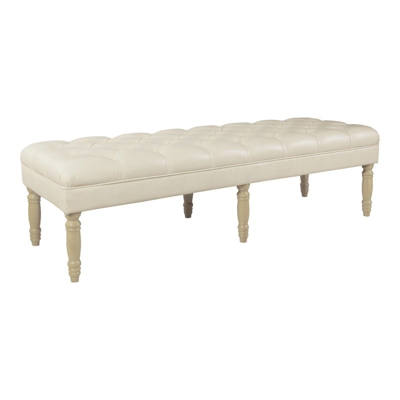 HomePop Classic Tufted Traditional Wood & Vegan Faux Leather Long Bench in Ivory