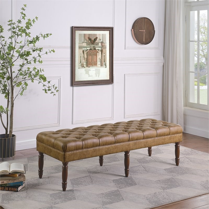 HomePop Classic Tufted Traditional Wood & Vegan Faux Leather Long Bench in Brown