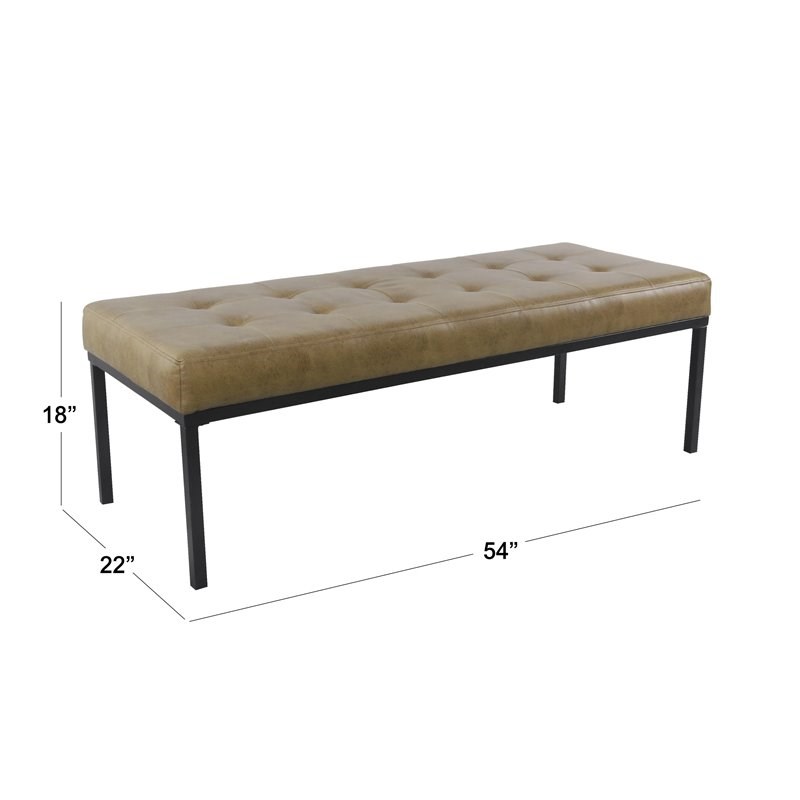 HomePop Tufted Modern Metal and Vegan Faux Leather Bench in Brown/Matte Black