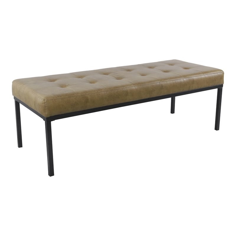 HomePop Tufted Modern Metal and Vegan Faux Leather Bench in Brown/Matte Black