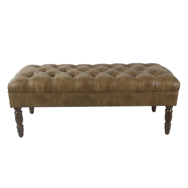 HomePop Classic Tufted Traditional Vegan Faux Leather Bench in Light Brown