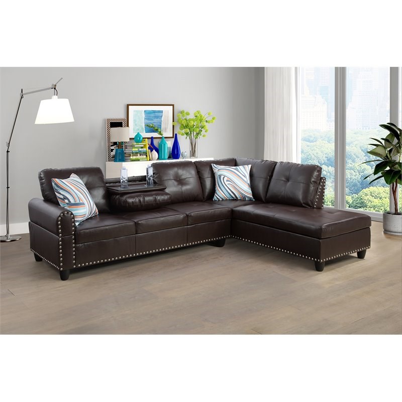 Star Home Living Corp Sean Faux Leather Sectional Sofa in Dark Brown