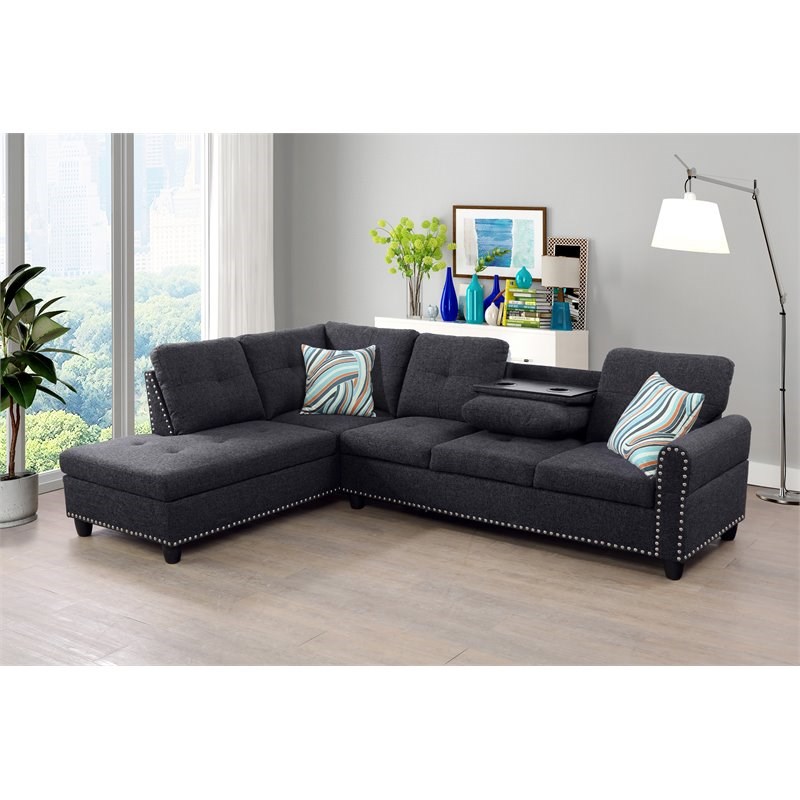 Star Home Living Corp Venus Linen Fabric Sectional Sofa in Black/Gray