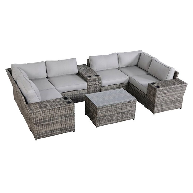 Living Source International 10-Piece Wicker Sectional Set with Cushions in Gray