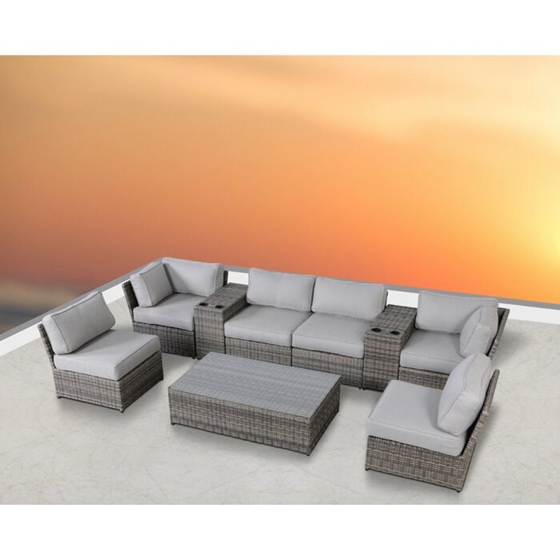 Living Source International 9-Piece Wicker Sectional Set with Cushions - Gray
