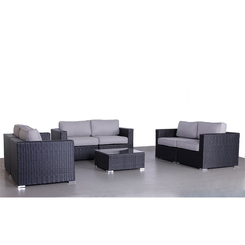 Living Source International 7-Piece Modern Rattan Sofa Set with Cushions - Black