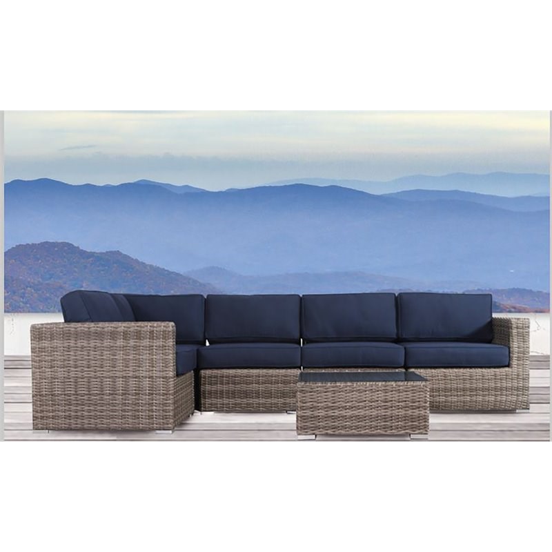 Living Source International 6-Piece Wicker Sectional Set in Gray/Navy Blue