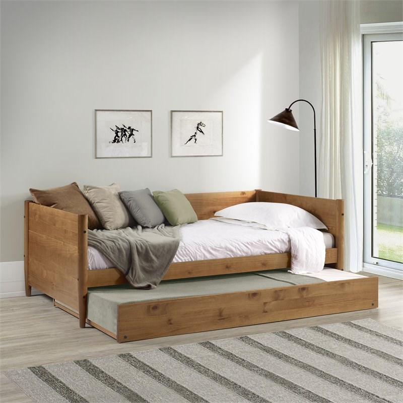 Camaflexi Mid-Century Solid Wood Twin Daybed and Trundle Set in Castanho Brown