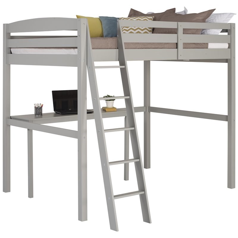 Camaflexi Tribeca Solid Pine Wood High Loft Bed Full with Desk in Gray