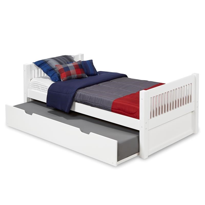 Camaflexi Twin Size Platform Bed with Twin Trundle - Mission Headboard - White