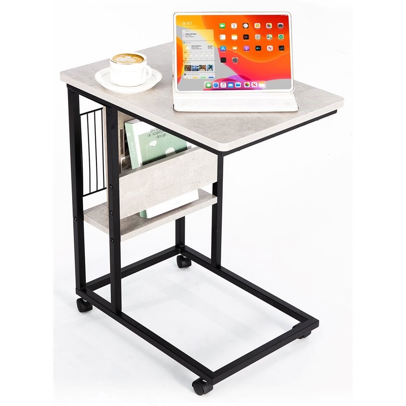 JJS Modern Wood End C Table with Magazine Holder in Cement/Black