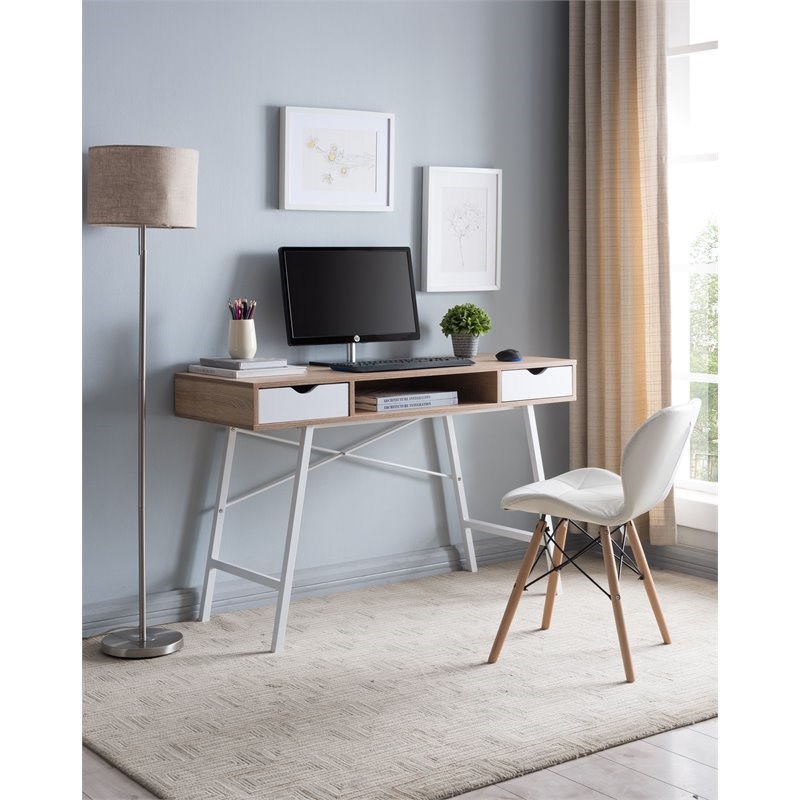 JJS Wood & Metal Home Office Writing/Computer Desk with Drawers in White/Oak